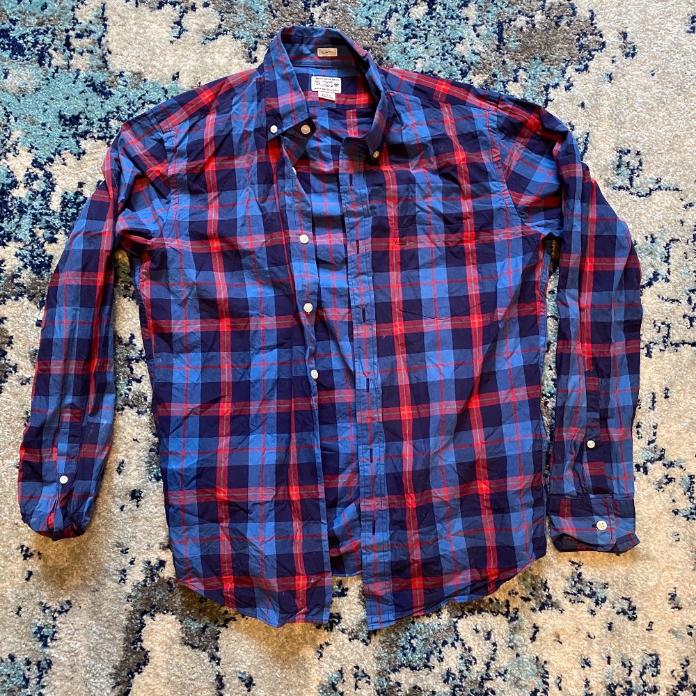 J Crew Blue and Red Plaid Button Down Mens M